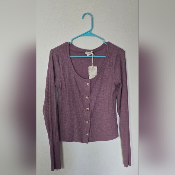 Hem & Thread Purple Ribbed Button Long Sleeve Fall Casual Top New Size Large - Picture 4 of 6